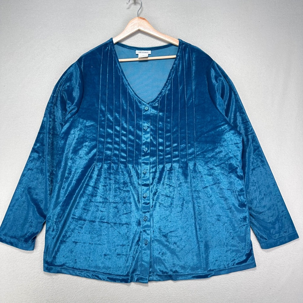 CW Classics Velvet Button Up Shirt Blouse Womens 1X Blue‎ V-neck Long Sleeve